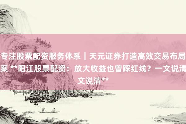 专注股票配资服务体系｜天元证券打造高效交易布局方案 **阳江股票配资：放大收益也曾踩红线？一文说清**